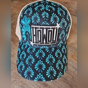NWT Country Journey Blue Trucker ponytail hat w/ Howdy, squash blossom patches